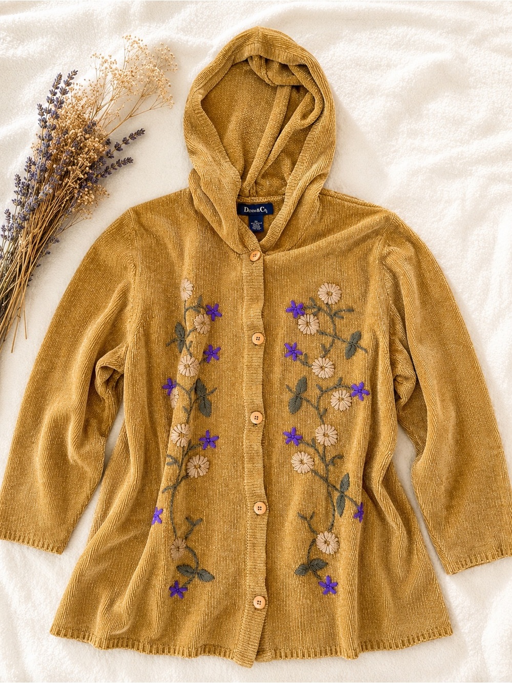 Denim&Co Mustard Hooded Button-Up Cardigan with Floral Embroidery